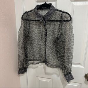 Zara Gray Sheer Leopard Print Blouse